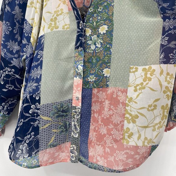 Bunulu Women's XL Mixed Print Boho Peasant Smocked Beaded Tie Front Blouse Sheer - Picture 8 of 13